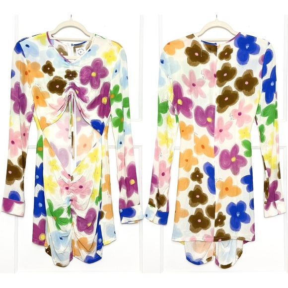 WITH JEAN Floral Print Long Sleeve Cutout Ruched Tie Front Bodycon Mini Dress S - Picture 11 of 16
